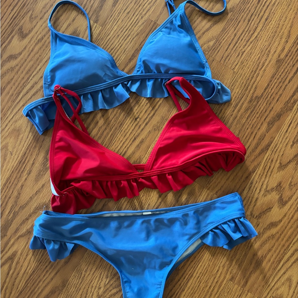 Swim Ruffle/ Ripped Bikini Sets  - Blue and Red